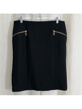 Alfani 14 Modern Edge Deep Black Ribbed Gold Tone Zip Details Pencil Skirt NWT